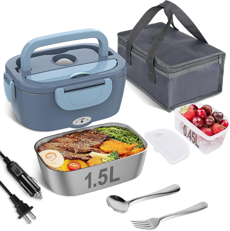 Vabaso Electric Lunch Box Food Heater, Electric Heating Lunch Boxes Lunch for Adults/Men/Truck/Car/Work, 80W 1.5L Removable 304 Stainless Steel Container, 110V/12V/24V, with Fork & Spoon - Image 1